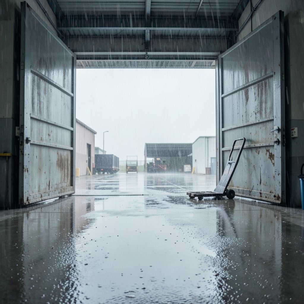 Loading bay doors open to wet weather during a distribution shift