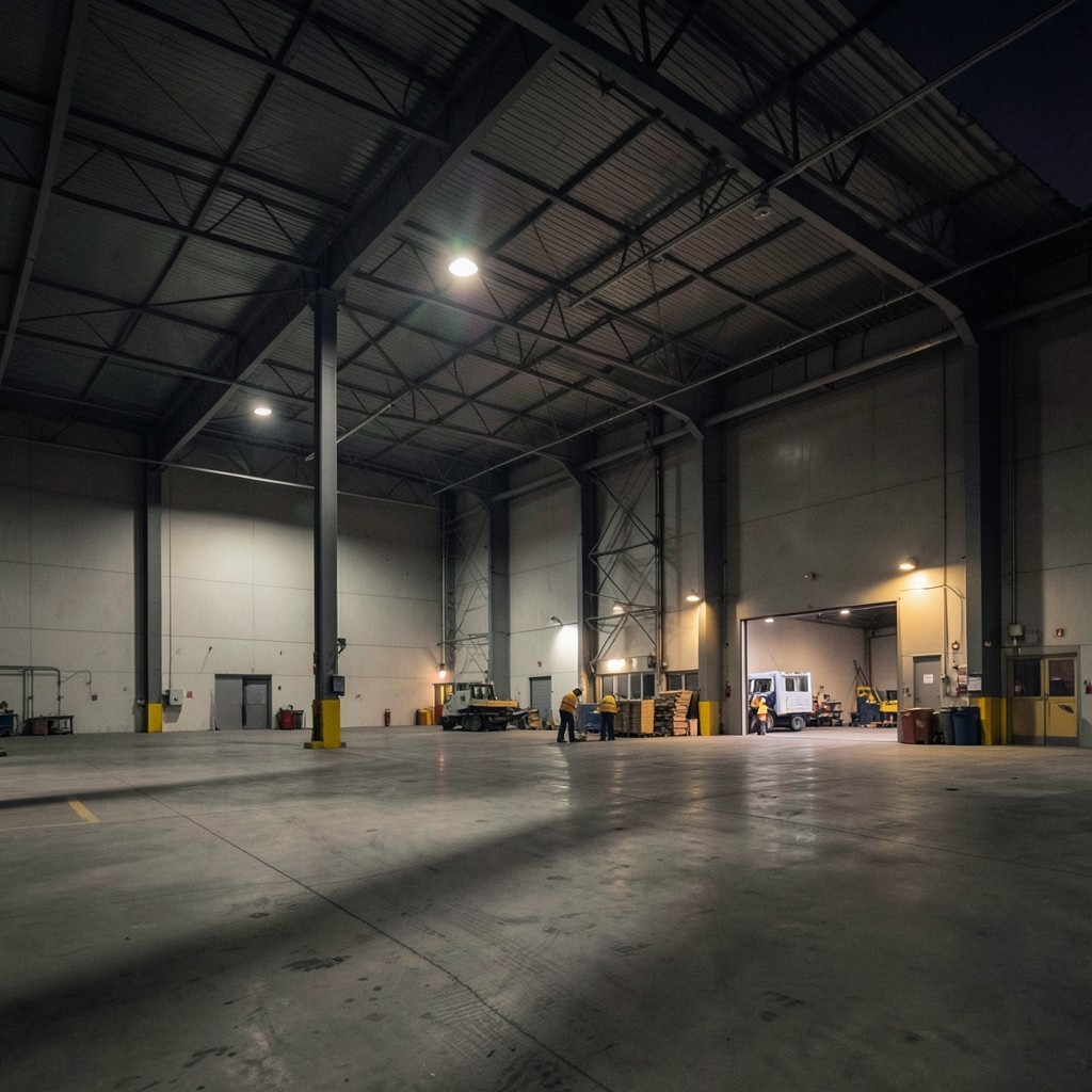 Dimly lit warehouse floor during a night receiving shift
