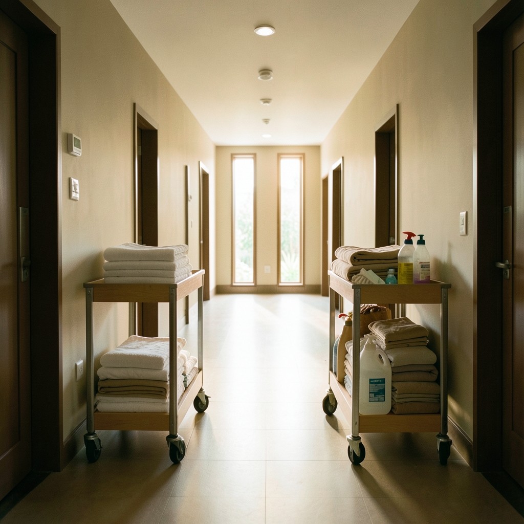 Hotel corridor with housekeeping carts prepared for morning room turns