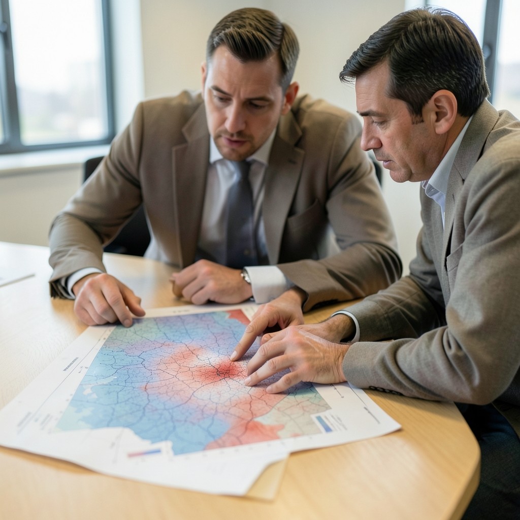 Analyst and supervisor reviewing a coverage heatmap printout together