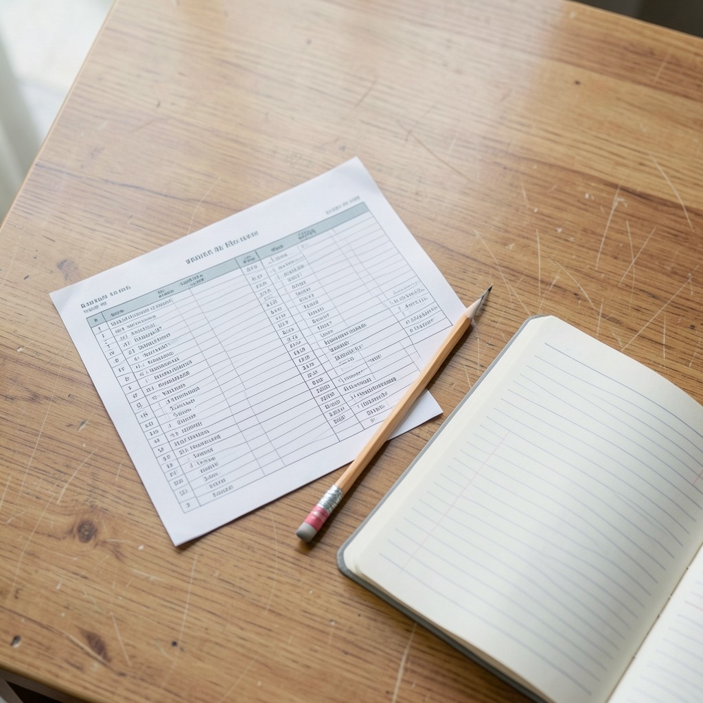 Printed shift roster pages beside a notebook on a wooden desk