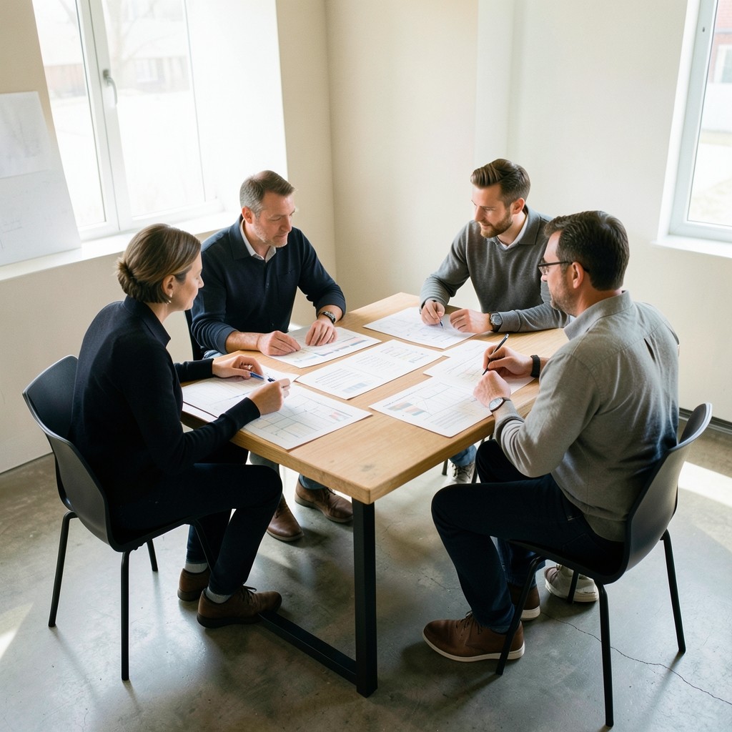 Small group discussion around printed coverage charts on a table