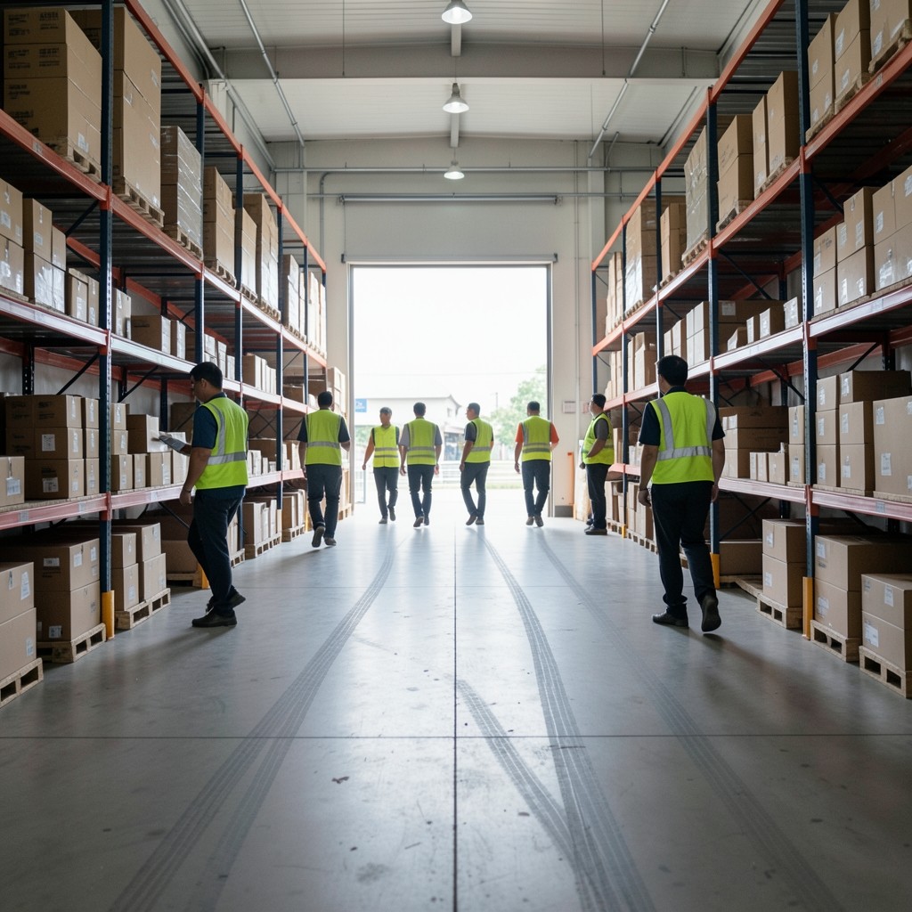 Warehouse aisle with staff walking during an active shift change