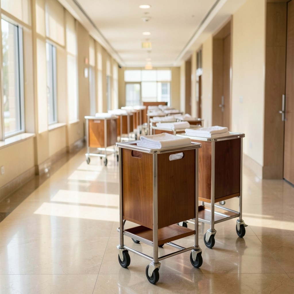 Hotel housekeeping carts lined in a corridor during morning prep